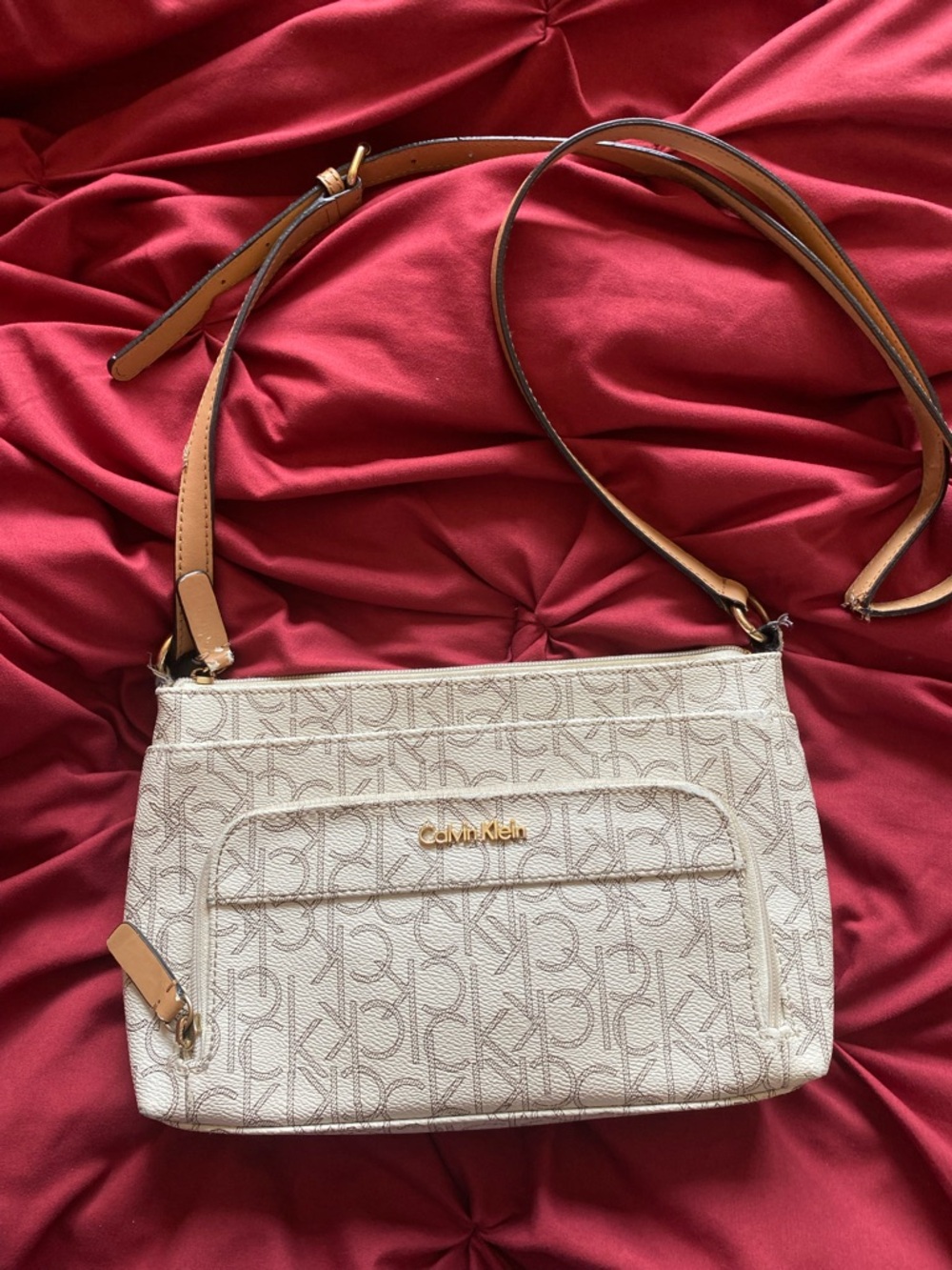 Calvin Klein Cream Monogram Crossbody Bag with Tan Strap